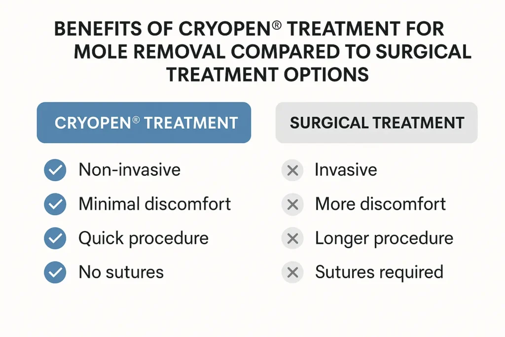 Table to show the benefits of getting moles removed Brownhills from LA LIPO