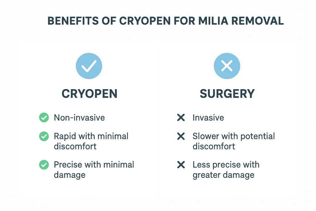 Benefits of cryopen for milia removal Brownhills compared to surgical treatments.