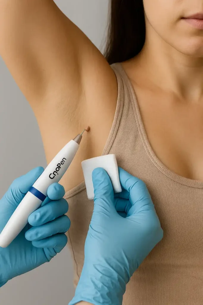 woman having cryopen to remove underarm skin tags Brownhills