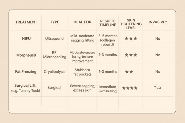 Table showing the comparisons of Skin tightening Brownhills treatment options. 